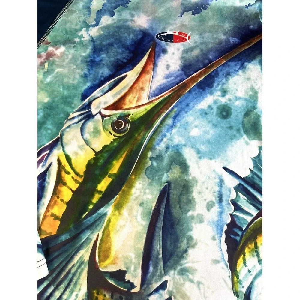 Mens Bluefin Performance Marlin Print‎ Long sleeve Pullover size M